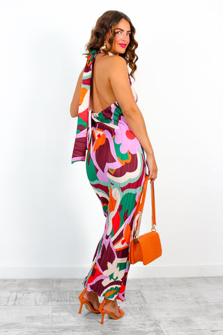 All That Matters - Multi Abstract Floral Plisse Halter Neck Maxi Dress