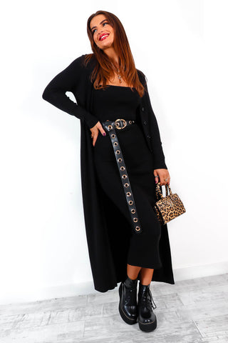 Button It - Black Knitted Cardigan Midi Dress