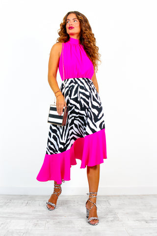 Block You Out - Pink Zebra Print High Neck Midi Dress