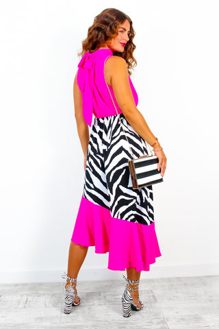 Block You Out - Pink Zebra Print High Neck Midi Dress