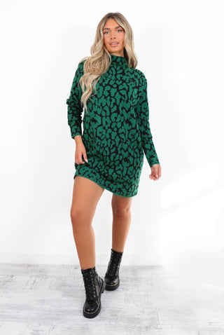 Casually Wild - Green Black Leopard Mini Jumper Dress