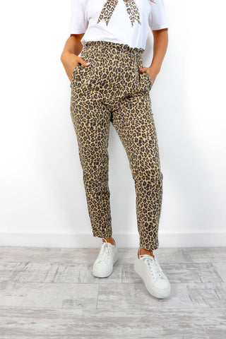 Cat Out Of The Bag - Beige Leopard Print Paper Bag Waist Jeans