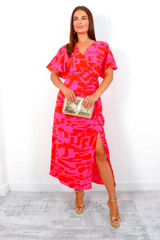 Colour Me Floral - Abstract Pattern Fuchsia Red Midi Dress