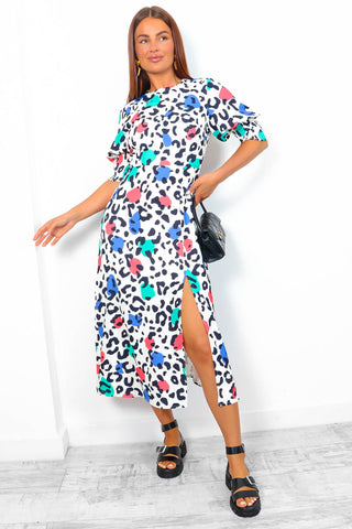 Cuff It Up - Cream Multi Leopard Print Midi Dress