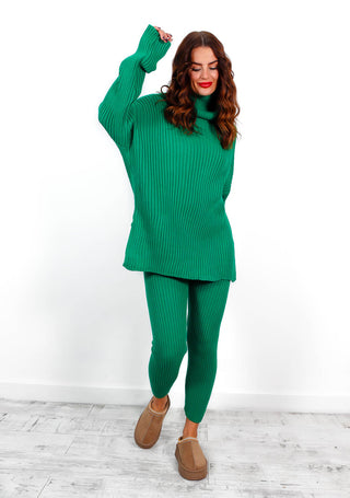 Double The Trouble - Green Ribbed Roll Neck Knitted Co-Ord