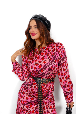 Dont Give A Glam - Pink Red Leopard Midi Dress