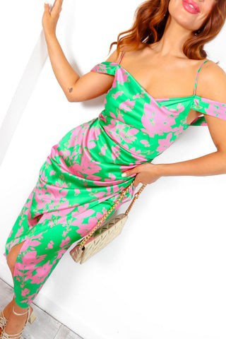 Epitome Of Elegance - Green Pink Floral Midi Dress