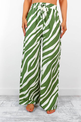 Far and Wide - Green White Zebra Wide-Leg Trousers