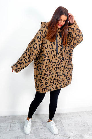 Fluff Off - Brown Leopard Print Borg Oversized Hoodie