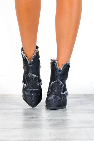 Fray Queen - Black Denim Distressed Cowboy Boots