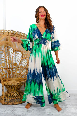 Free Spirited - Green Navy Ombre Abstract Print Wide Leg Jumpsuit