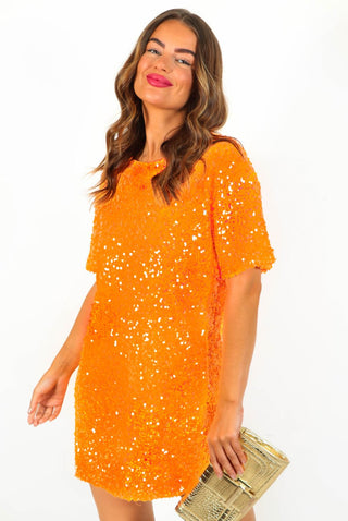Glow Get It - Orange Sequin Mini T-Shirt Dress