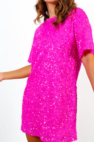 Glow Get It - Pink Sequin Mini T-Shirt Dress