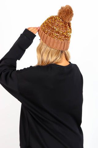 Hats Off To You - Beige Sequin Bobble Hat