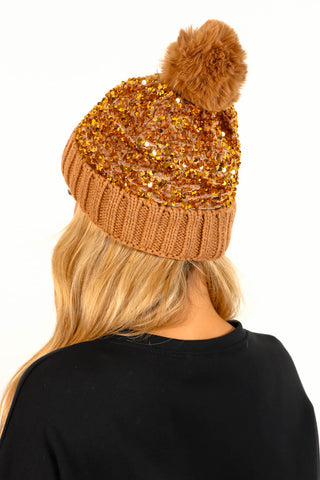 Hats Off To You - Beige Sequin Bobble Hat