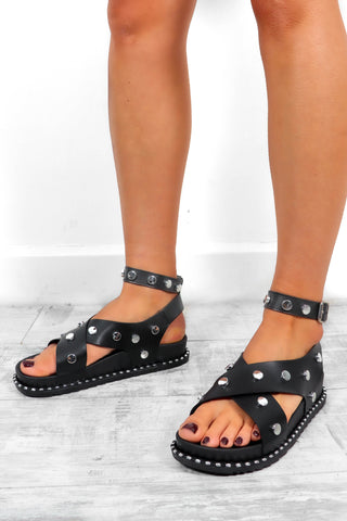 Stud Him Up - Black Silver Studded Faux Leather Sandals