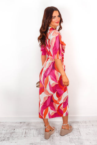 Wrap Me Up - Pink Orange Printed Midi Dress