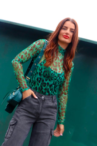 Its Sheer Luck - Green Leopard Print Mesh Top