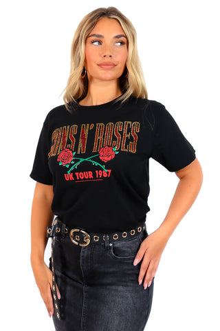 I'm With The Band - Black Red Diamante Guns N Roses T-Shirt