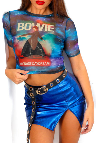 I'm With The Band - Blue Multi David Bowie Mesh Crop T-Shirt