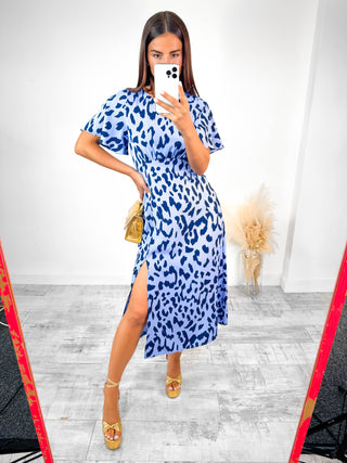 Let's Split - Blue Leopard Print Midi Dress