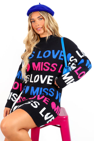Love To Miss You - Black Graphic Knitted Jumper Dress