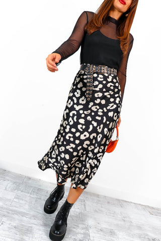 My Prerogative - Black Cream Leopard Satin Midi Skirt