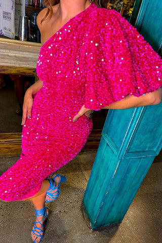 Never Looked Better - Pink Velvet Sequin One Shoulder Midi Dress