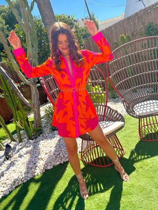 Out My Business - Orange Pink Floral Shirt Mini Dress