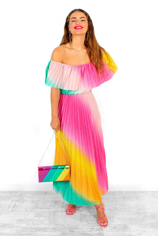 Pleat About Me - Multi Ombre Lurex Pleated Bardot Maxi Dress