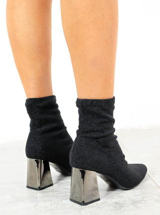 Put A Sock In It - Black Silver Lurex Heeled Sock Boots