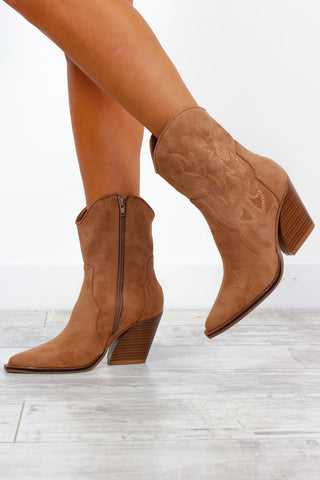 Ride 'Em Cowboy - Beige Embroided Suede Western Boots