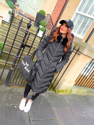 Shes Cold Blooded - Black Chevron Panel Fur Hood Coat