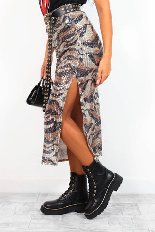 Sassy In Sequin - Beige Animal Print Sequin Midi Skirt