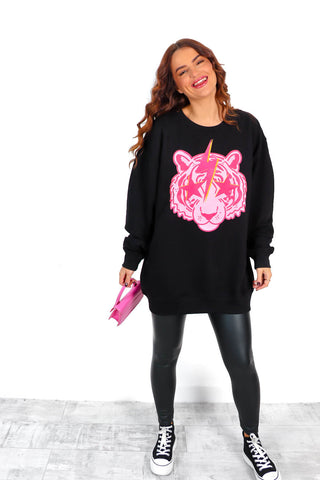 She's A Tiger - Black Fuchsia Tiger Graphic Print Sweatshirt