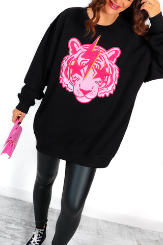 She's A Tiger - Black Fuchsia Tiger Graphic Print Sweatshirt