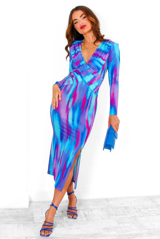 Something Special - Blue Purple Abstract Plunge Midi Dress