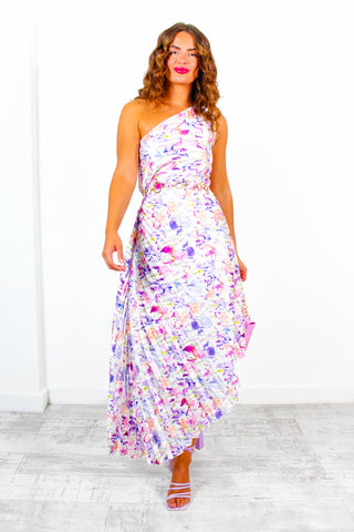Stay Classy - White Purple Floral One Shoulder Midi Dress