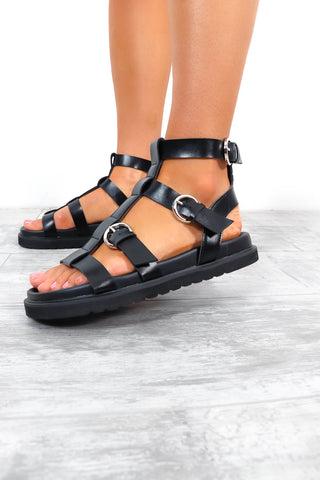 Take A Step - Black Faux Leather Gladiator Sandals