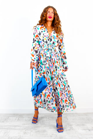 The Pleat Is On - White Multi Abstract Print Pleated Jumpsuit