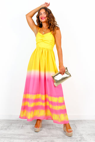 Want Hue Back - Yellow Pink Ombre Halter Neck Maxi Dress