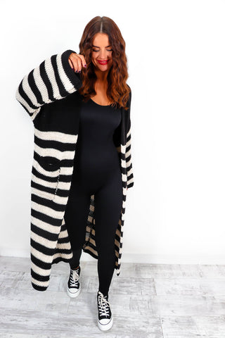 Who's Your Stripe? - Black Cream Knitted Longline Cardigan