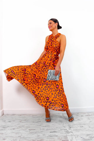 Artemis - Orange Fuchsia Leopard Pleated Maxi Dress