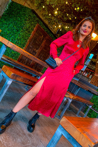 Dont Give A Glam - Wine Jacquard Leopard Midi Dress