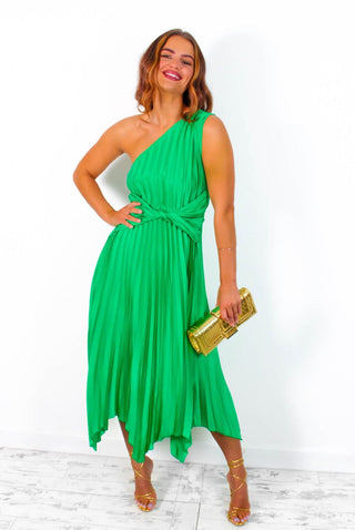 Dream Come True - Green One Shoulder Pleated Twist Waist Midi Dress