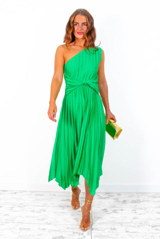 Dream Come True - Green One Shoulder Pleated Twist Waist Midi Dress