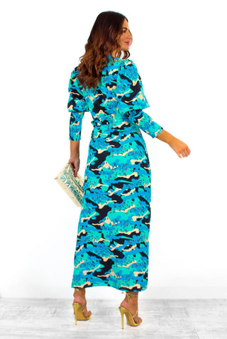 Drive 'Em Wild - Blue Turquoise Camo Leopard Print Midi Wrap Dress