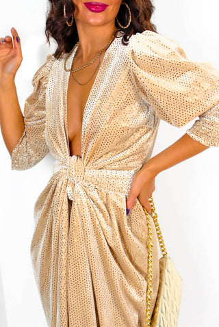 Drive 'Em Wild - Champagne Velvet Gold Sequin Midi Wrap Dress