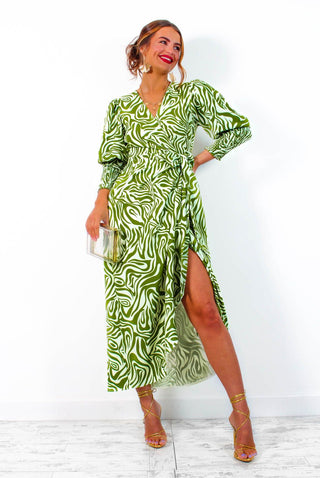 Drive 'Em Wild - Olive Green White Zebra Print Midi Wrap Dress