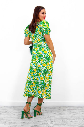 Floral Frenzy - Yellow Multi Floral Midi Dress